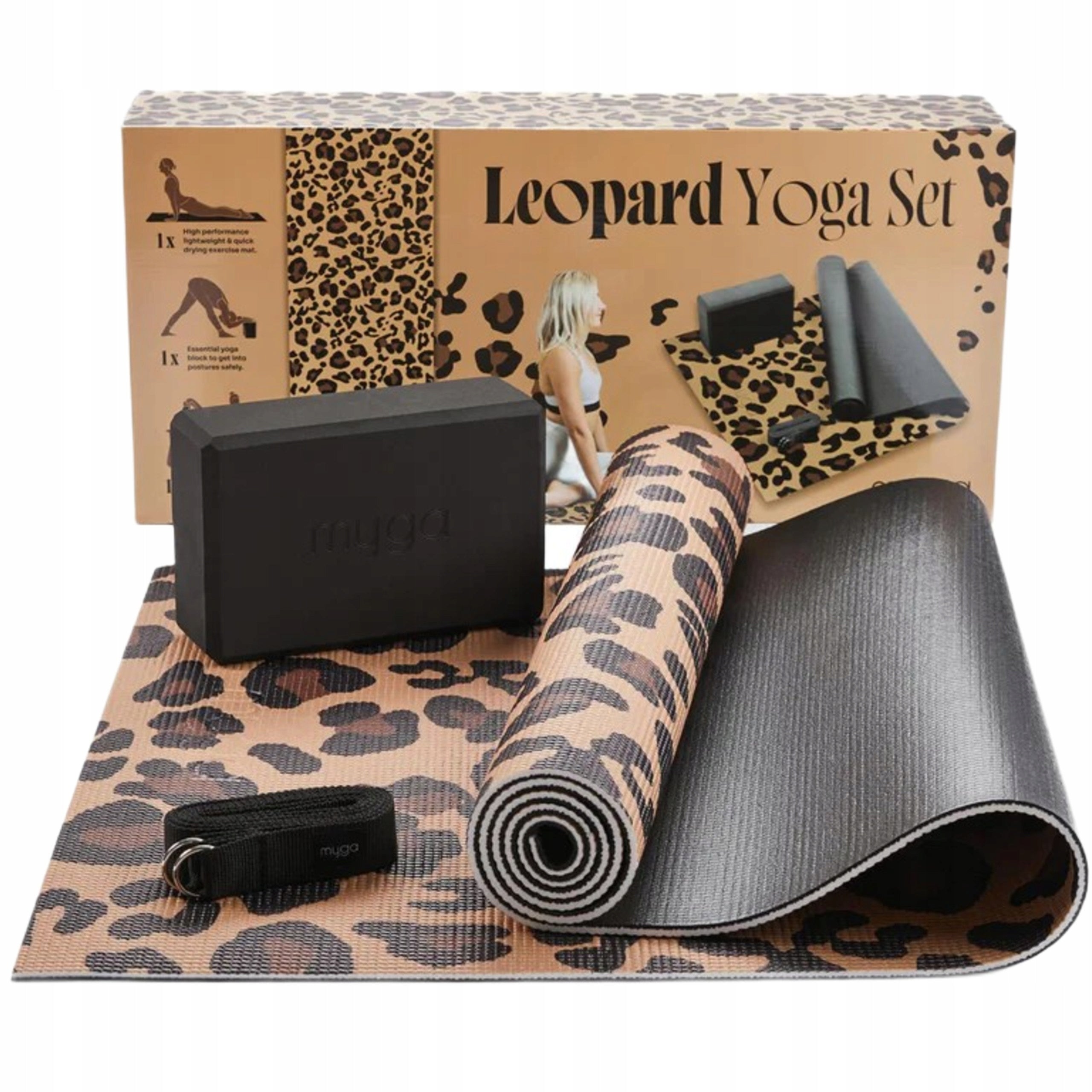 Yoga set myga Leopard Yoga Set: mat, brick, strap