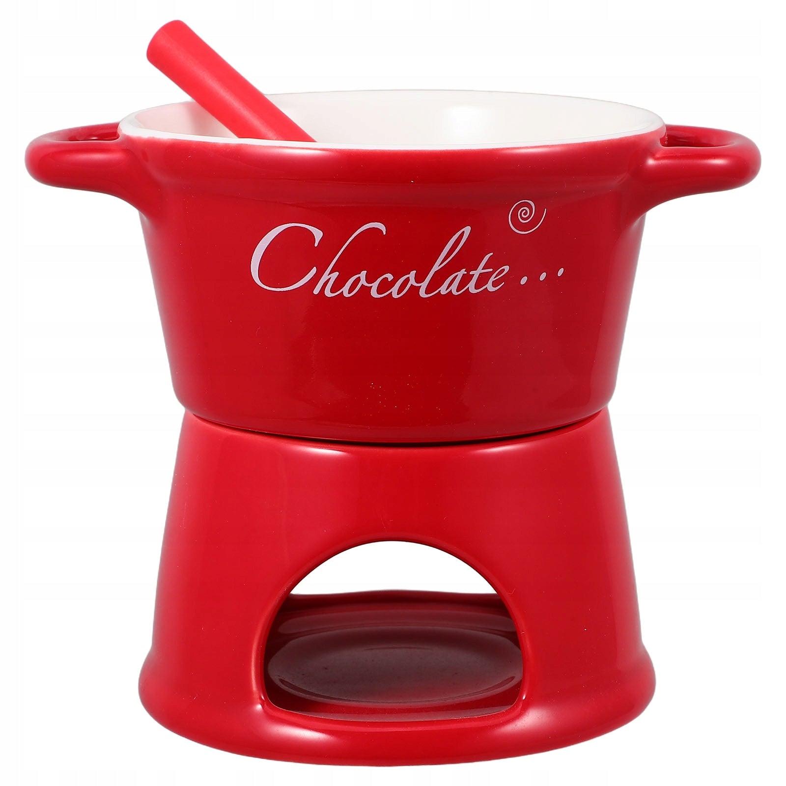 ZESTAW CERAMICZNYCH NACZYŃ DO FONDUE Z CZERWONYM GARNKIEM DO CZEKOLADY