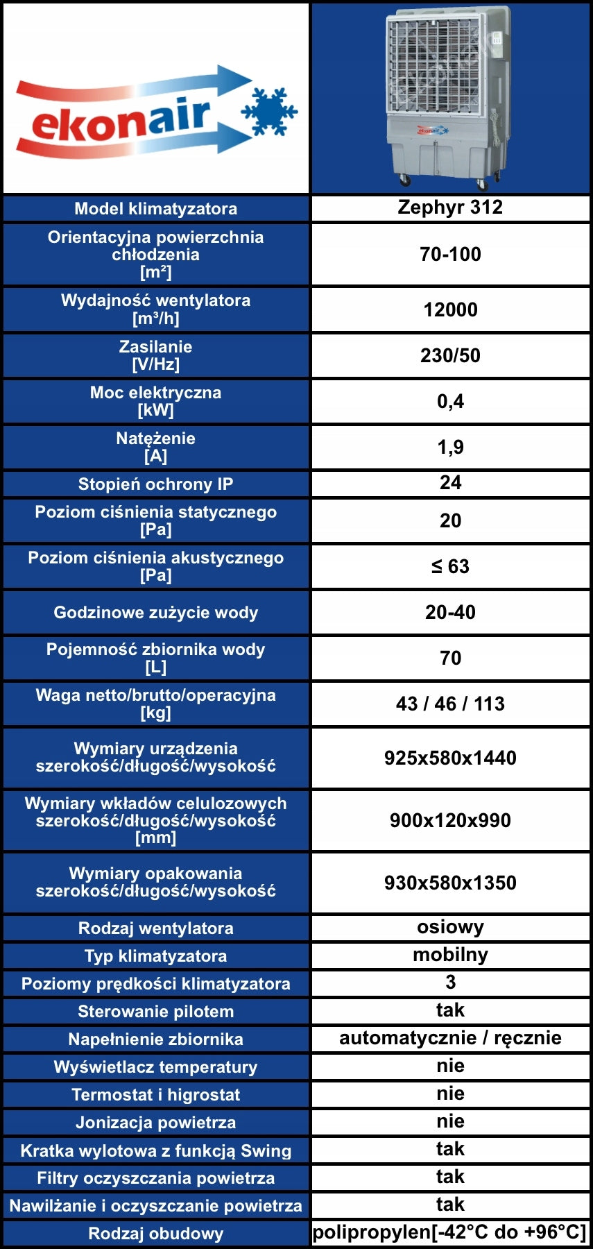 Zephyr 312 industrial air conditioner (up to 100 m²) EAN (GTIN) 5053423178721