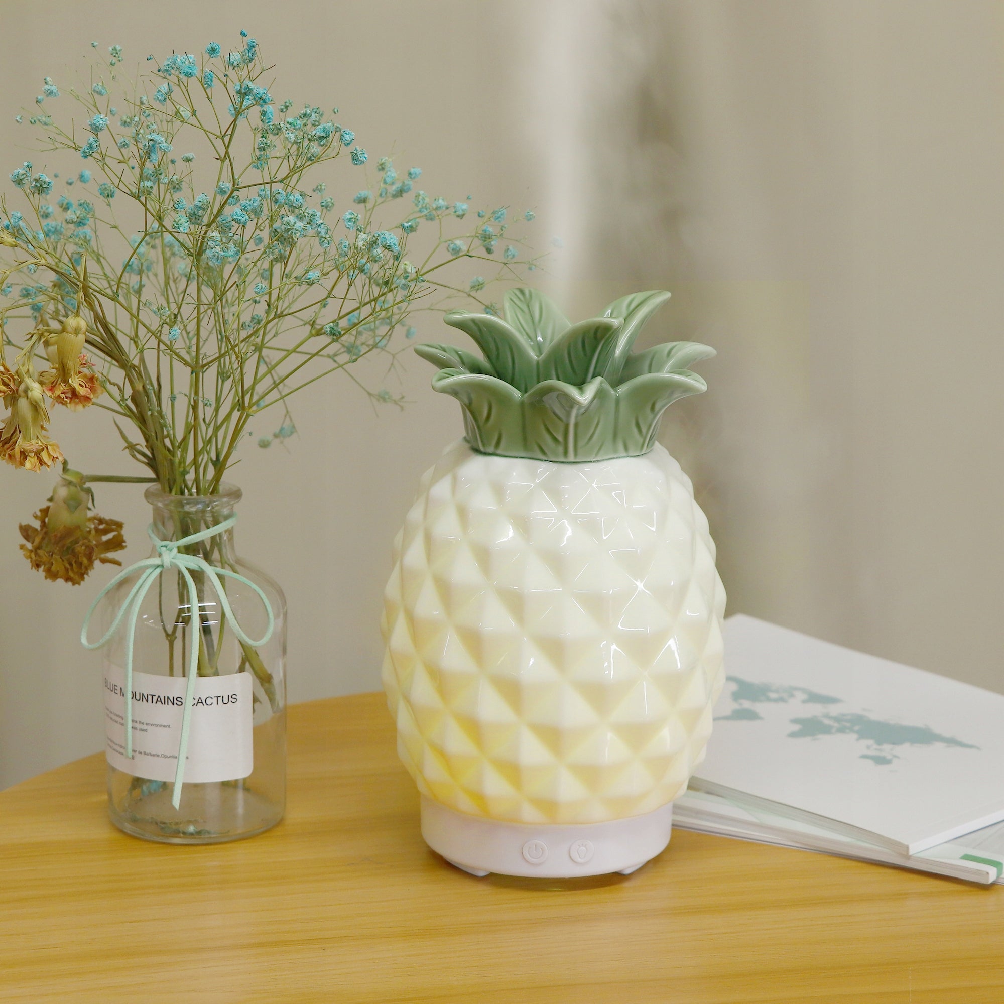 humidifier pineapple diffuser Ceramic small white led ultrasound Batteries included no
