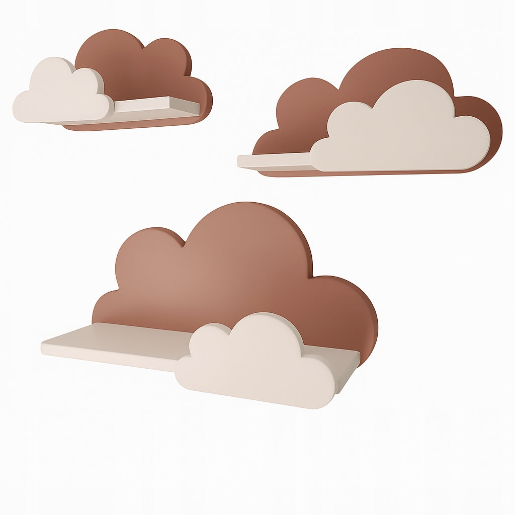 set of cloud shelves 3 x cloud shelf for children's room wall shelves- brown