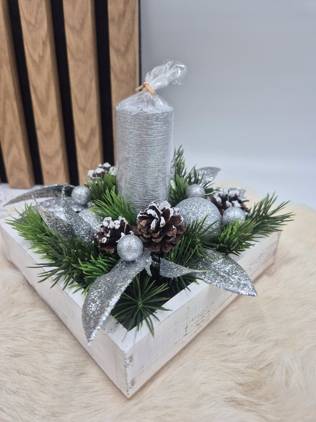 silver Christmas wreath with candle decoration wood