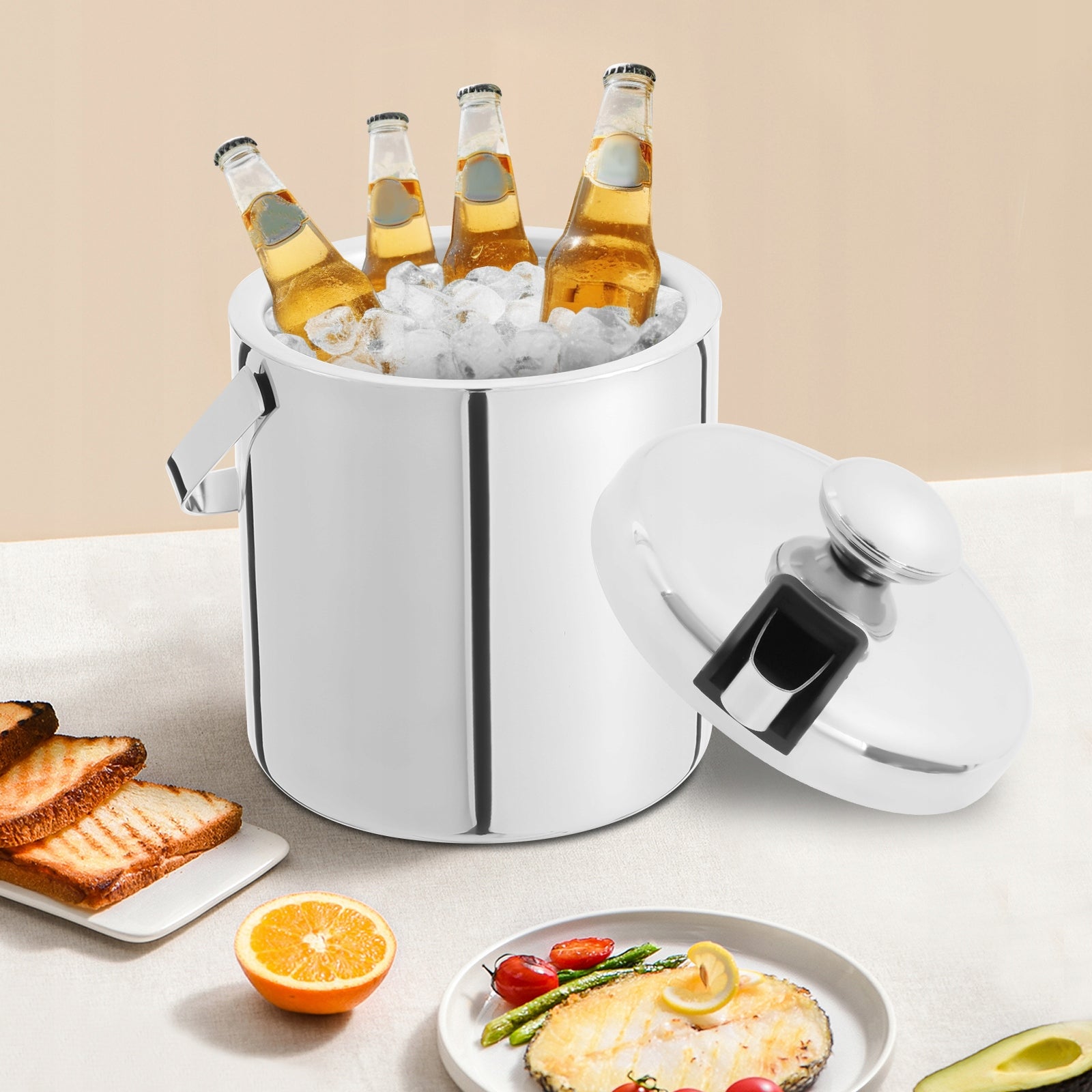 1.3L 304 DOUBLE-LAYER STAINLESS STEEL INSULATED ICE BUCKET SET Packaging status original