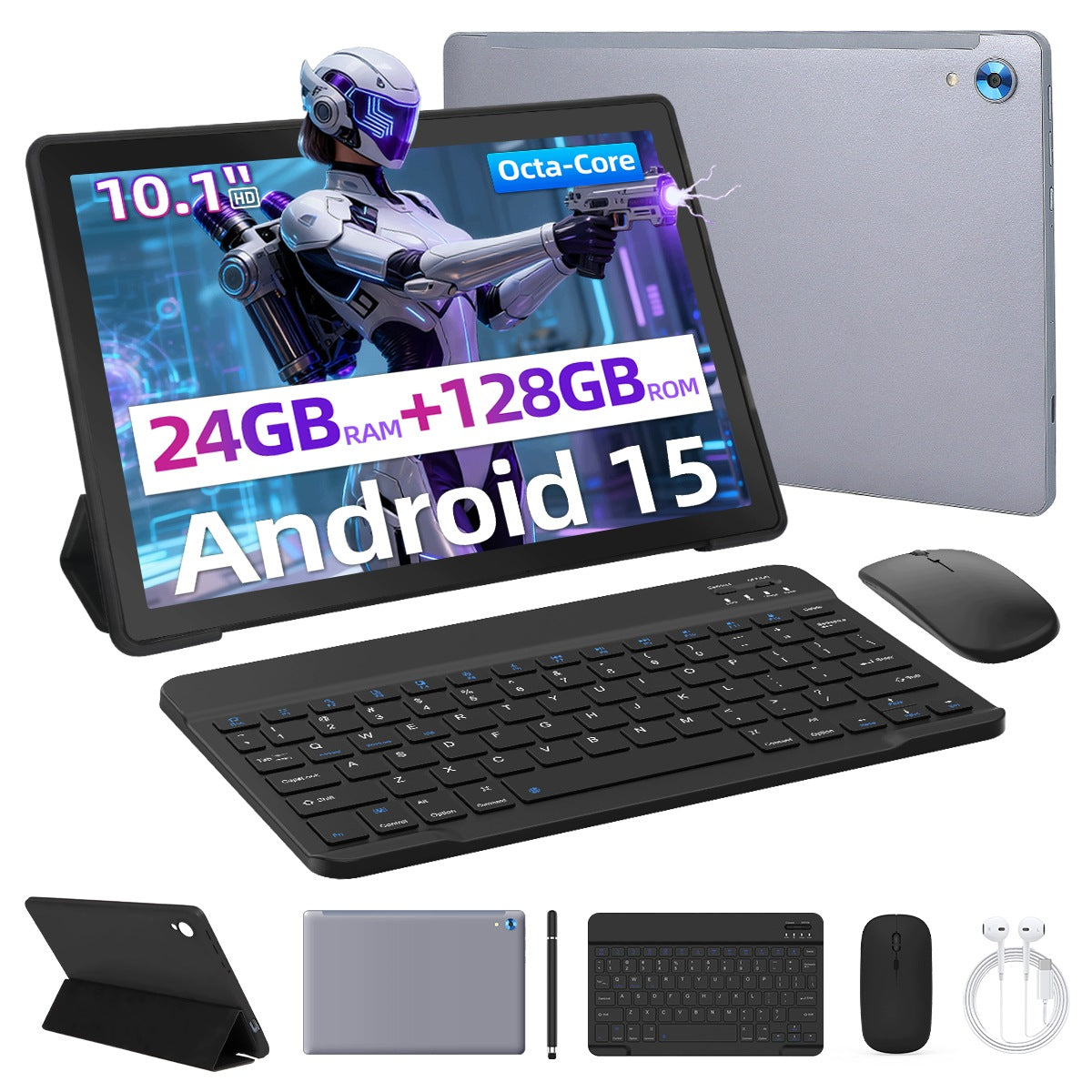 10.1" 8-Core Tablet Android 15 24GB RAM 128GB WiFi HD Keyboard for Study