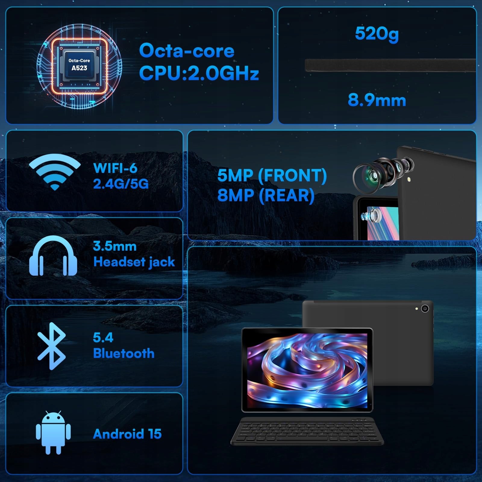 10.1" Android 15 Tablet Octa-core 24GB RAM HD IPS Wi-Fi BT Keyboard Stylus Manufacturer code XXHC108BK-RC2