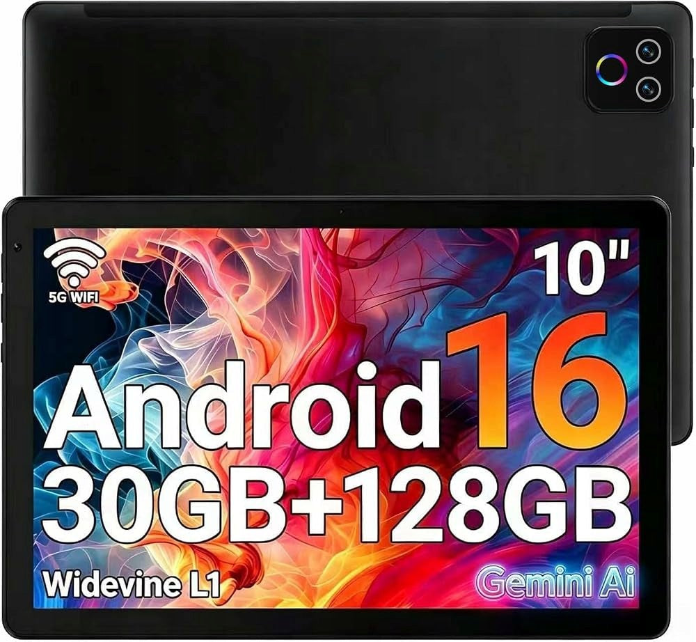 10.1" Android 16 Tablet, 30GB +128GB 5000mah, 8-Core, 5MP+8MP WiFi 6, Black