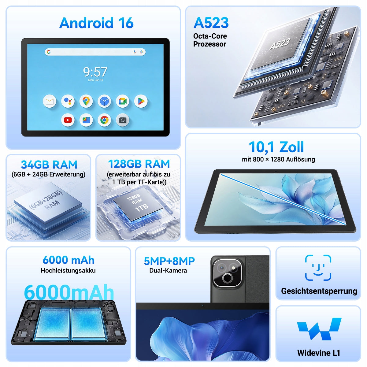 10.1" Android 16 Tablet, 34GB+128GB, 6000mAh, Keyboard Mouse Set,black Packaging status original