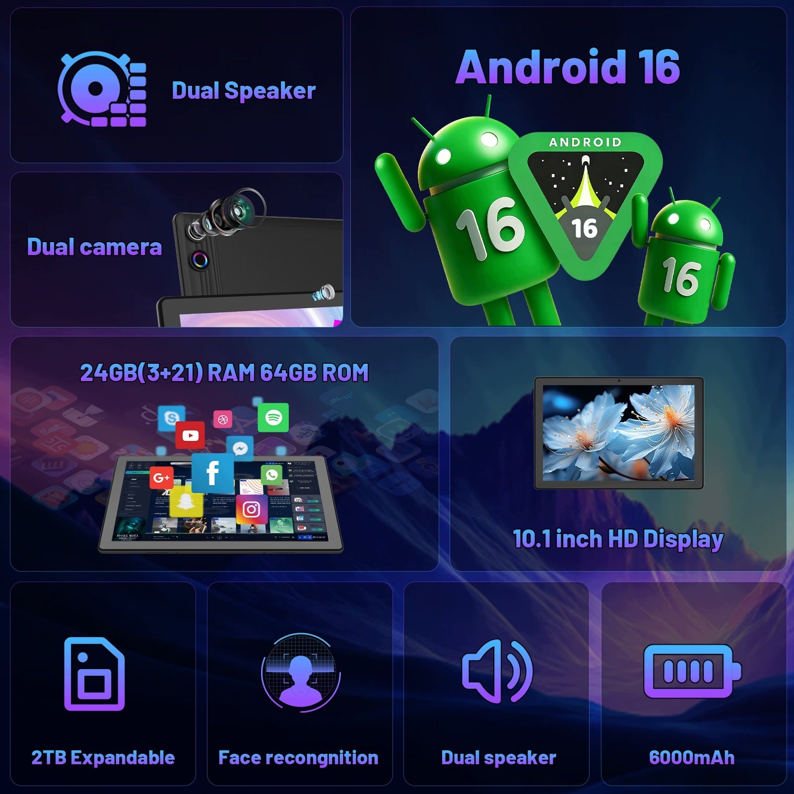 10.1“ Android 16 Tablet 64GB+1TB Expand 6000mAh HD IPS WiFi 6 Fast Charging Packaging status original