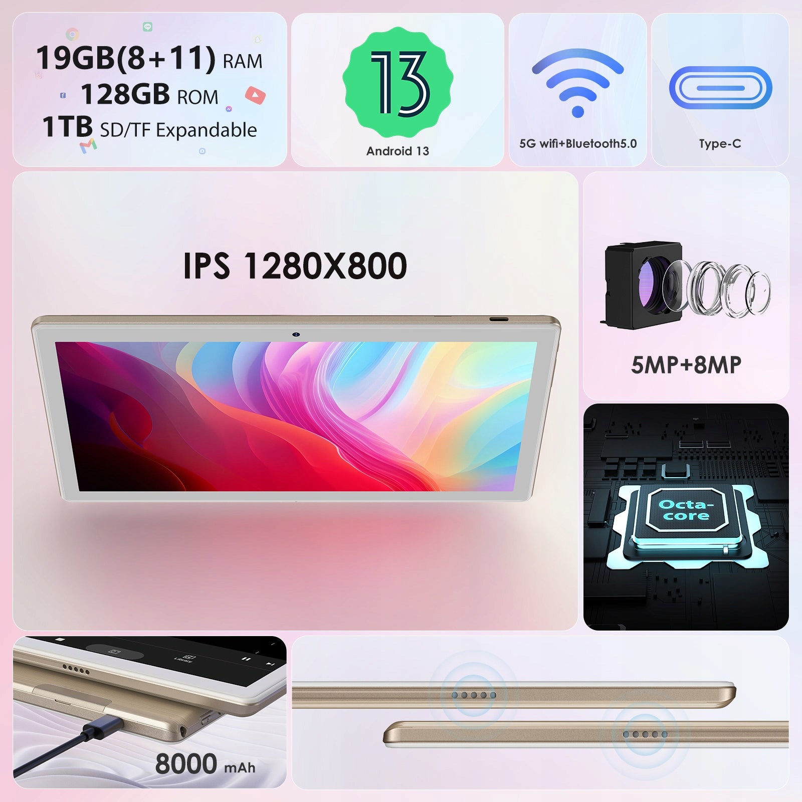 10.1" Tablet, 19GB RAM + 128GB Storage, Android 13.0, Octa-Core Processor, 5G WiFi, 8000mAh Battery, 1280x800 Display Manufacturer code K110W