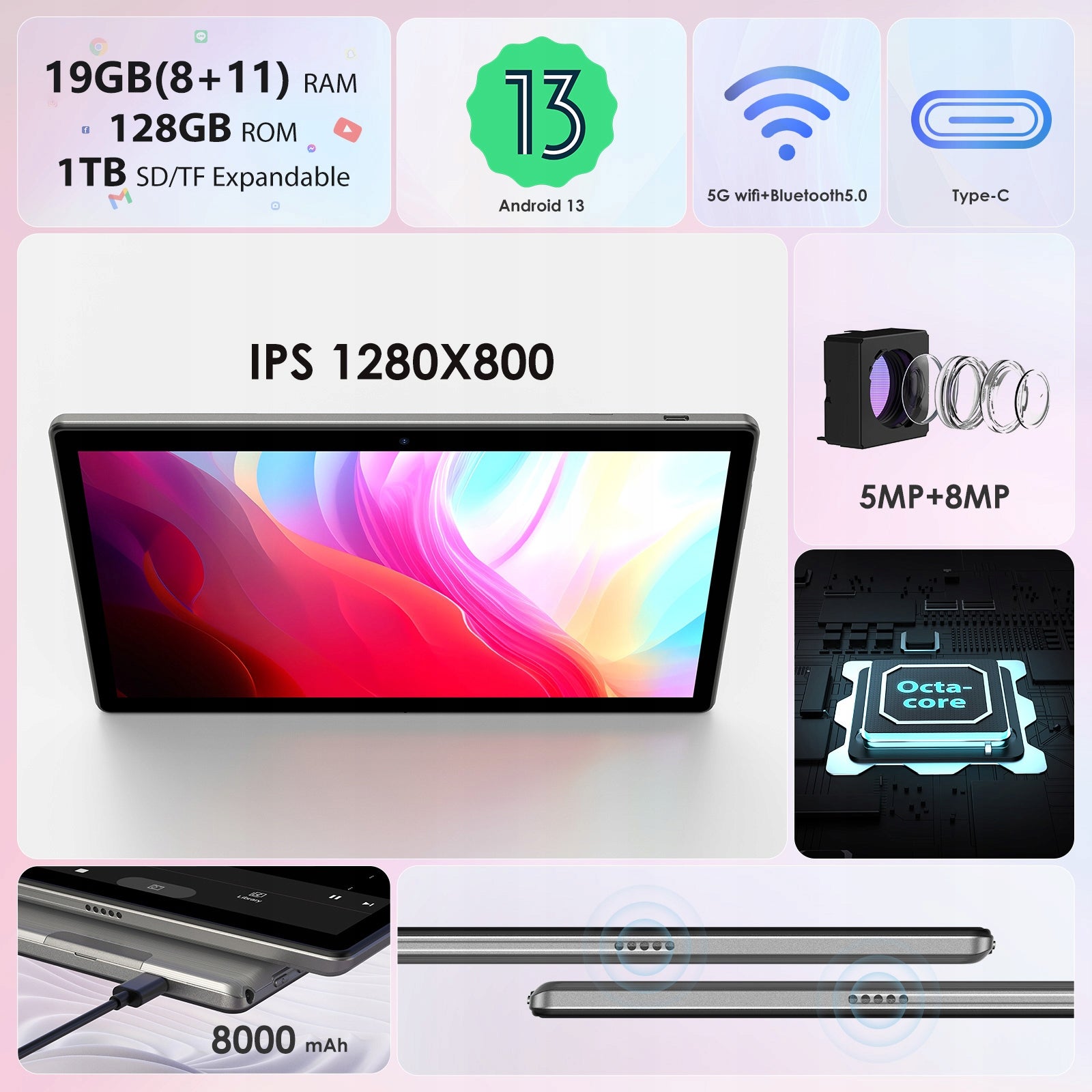 10.1" Tablet, 19GB RAM + 128GB Storage, Android 13.0, Octa-Core Processor, 5G WiFi, 8000mAh Battery, 1280x800 Display Manufacturer code K110W