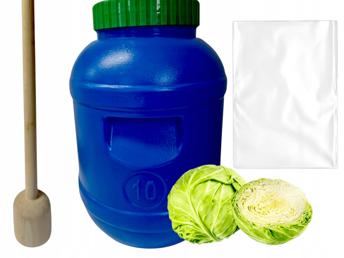 10 L Set Plastic Barrel for Sauerkraut Pickling with Pestle + Bag