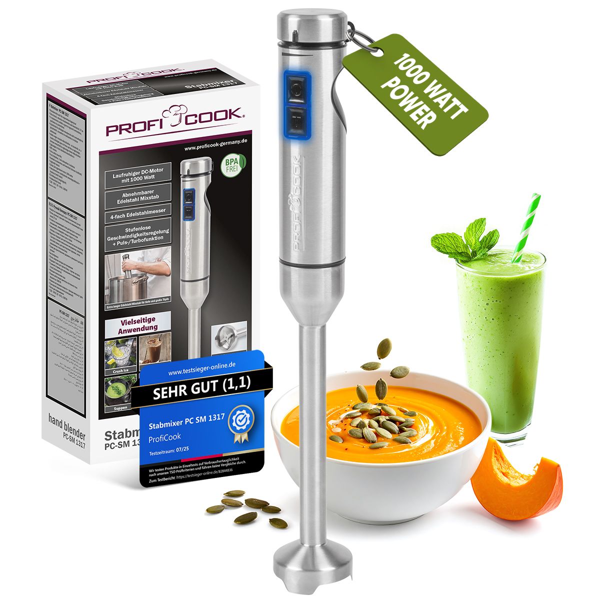 1000W BLENDER - STEEL - HANDHELD KITCHEN MIXER MULTIFUNCTIONAL turbo INOX