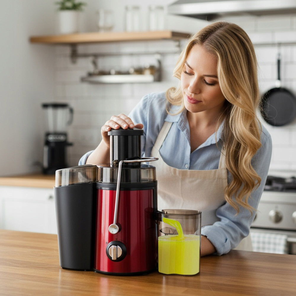 1000W HIGH SPEED JUICER FOR FRUIT AND VEGETABLES SAFETY LOCK Dominant color red