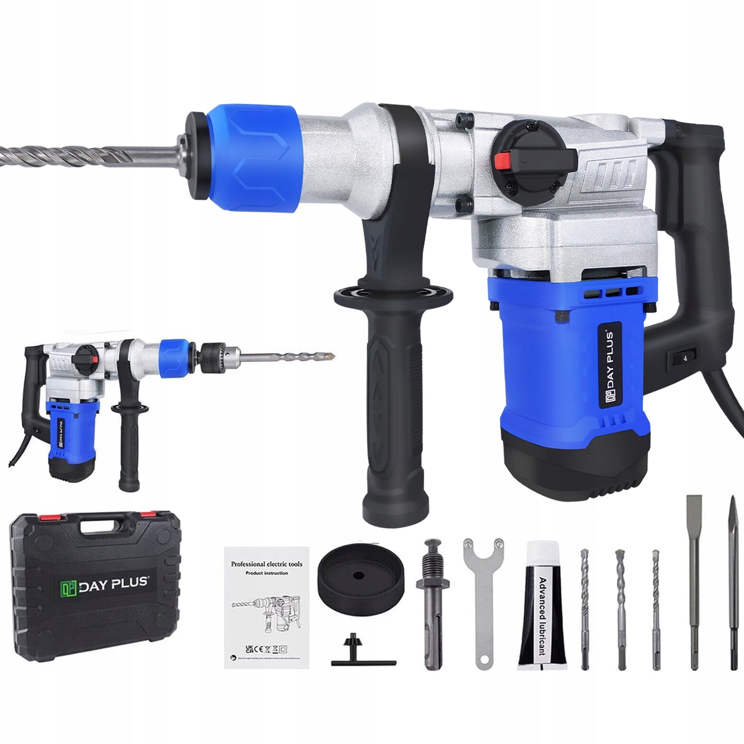 1080W Rotary Hammer Drill SDS 4 Functions w/ Bits and Case