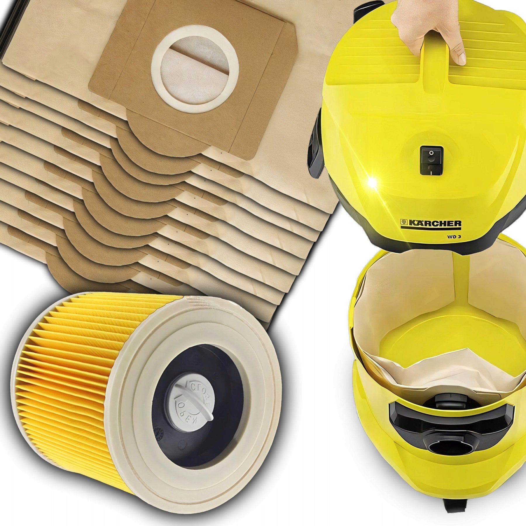 10X BAGS + FILTER FOR VACUUM CLEANER KARCHER WD3 MV3 WD2 SE 4001 K2000 PAPER