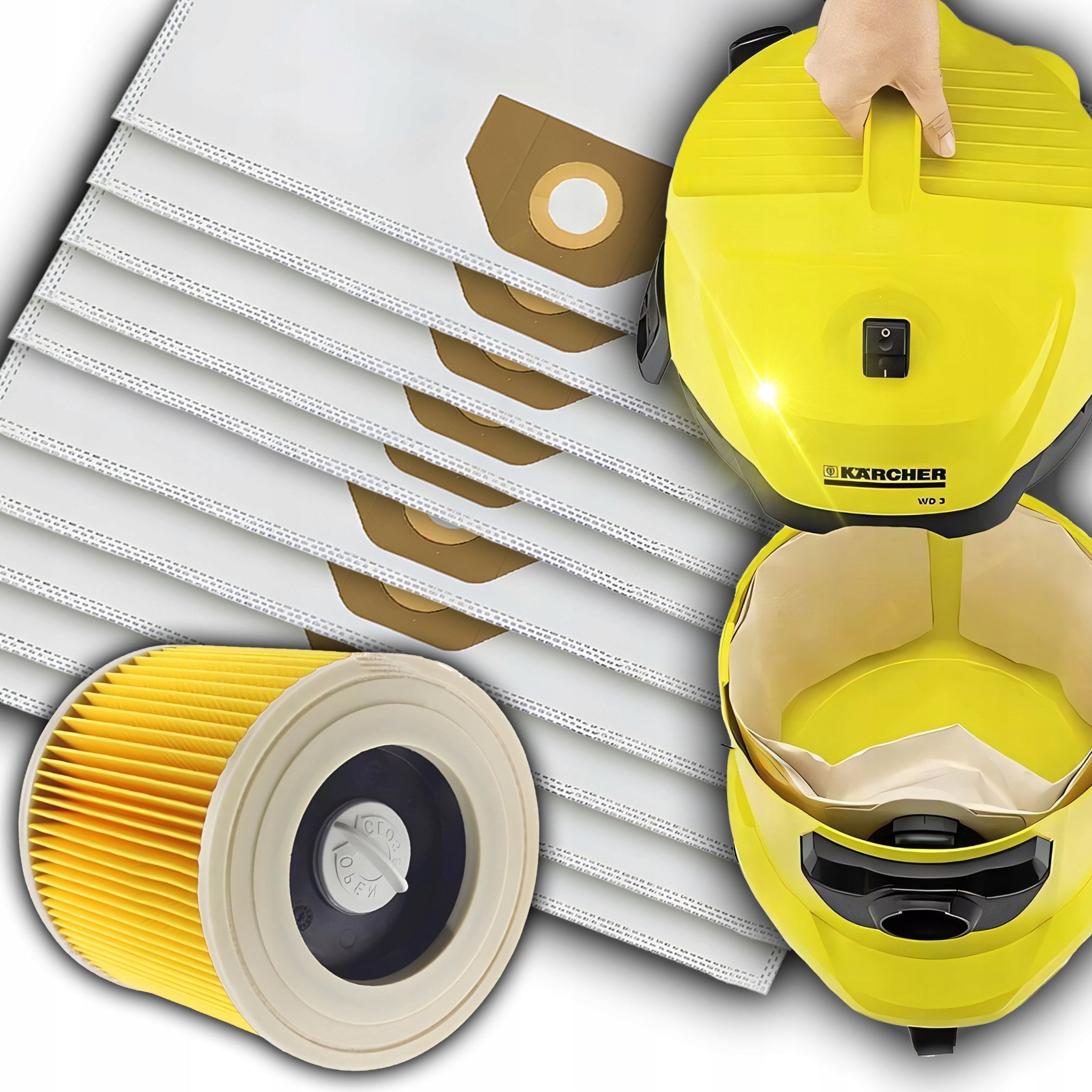 10x BAGS + FILTER FOR KARCHER WD3 SE4001 SYNTHETIC VACUUM CLEANER Packaging status original