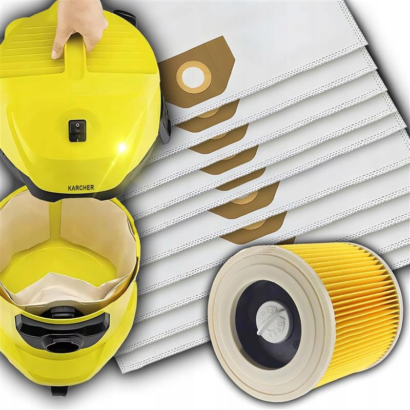 10x BAGS + FILTER FOR KARCHER WD3 SE4001 SYNTHETIC VACUUM CLEANER