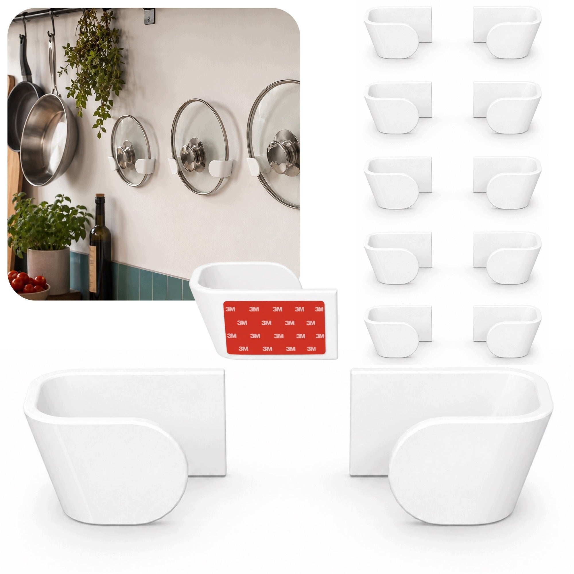 10x Pot Lid Holder Self Adhesive Durable White