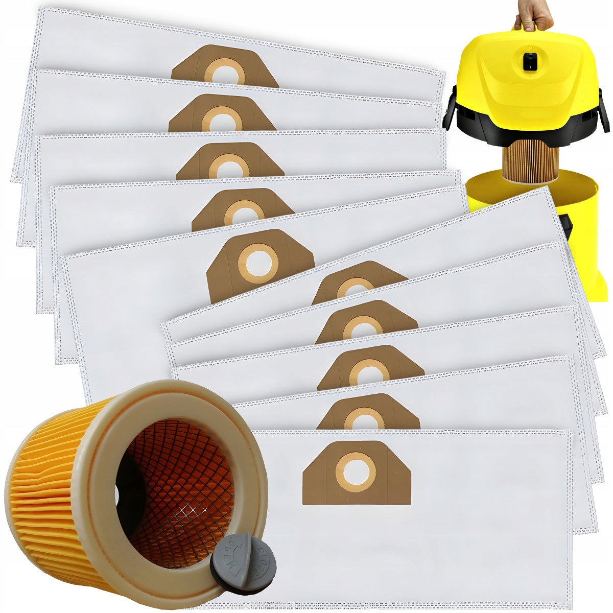 10x Synthetic Bags + Filter for KARCHER WD3 WD2 PLUS Vacuum Cleaner Set