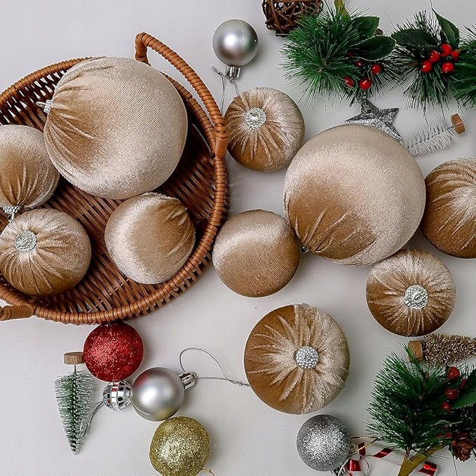 10x khaki velour baubles 6 to 10 cm shatterproof Christmas tree decorations Manufacturer code dwefwef