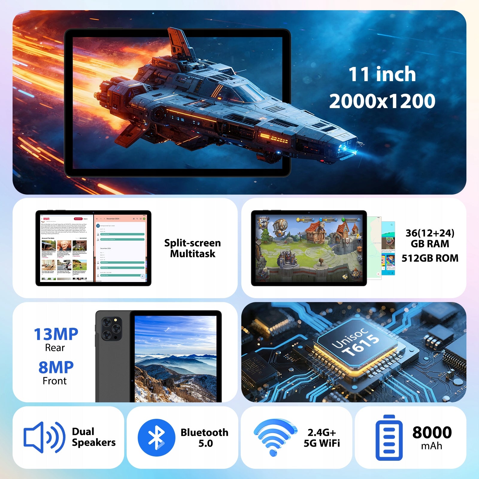 11-inch Android Tablet, 36GB RAM + 512GB Storage, Octa-Core Processor, 4G LTE/SIM, 5G WiFi, 2K Display (2000x1200) Manufacturer code M148-EEA