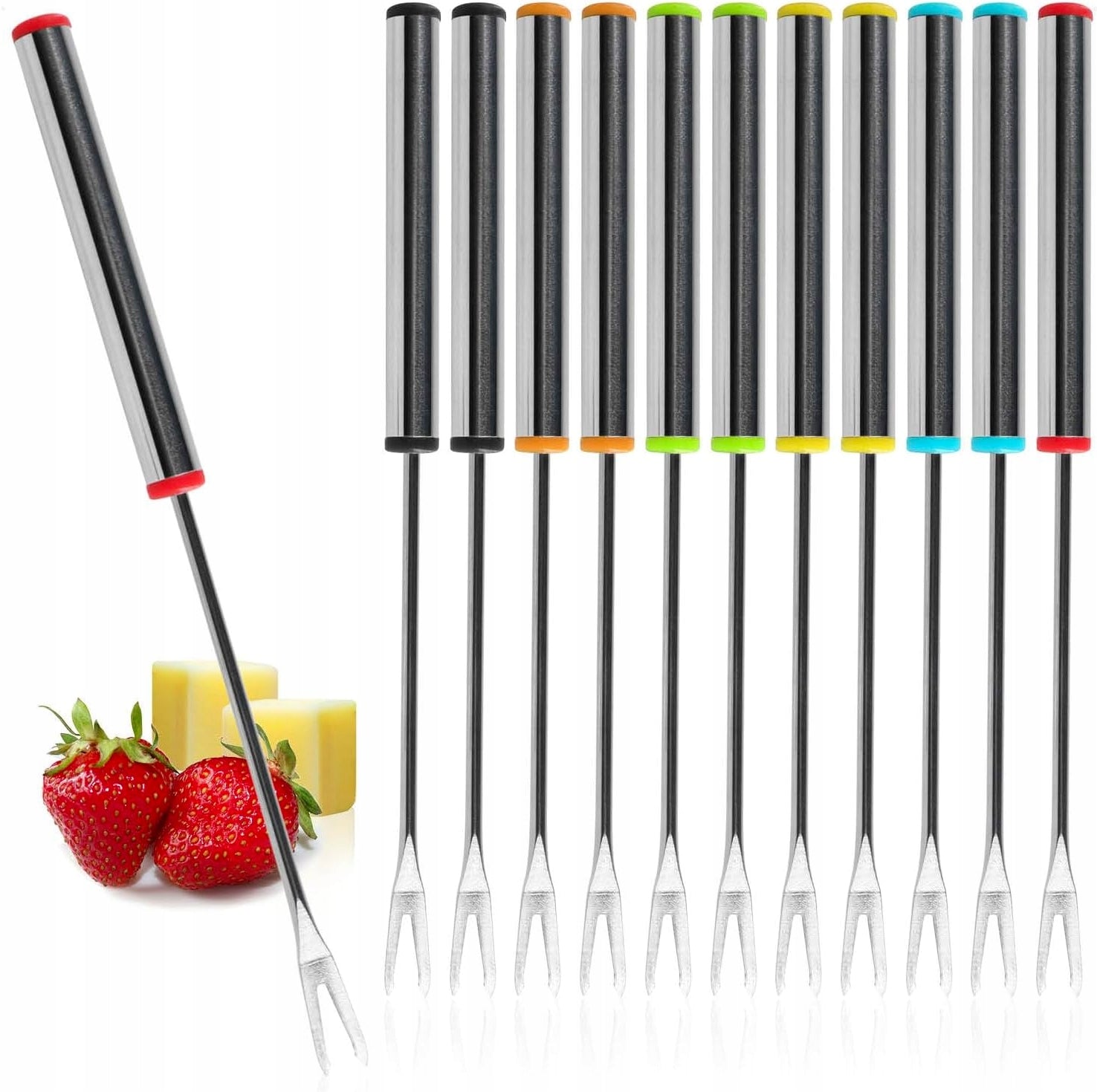 12 PCS STAINLESS STEEL FONDUE FORKS 18CM COLORFUL TIPS