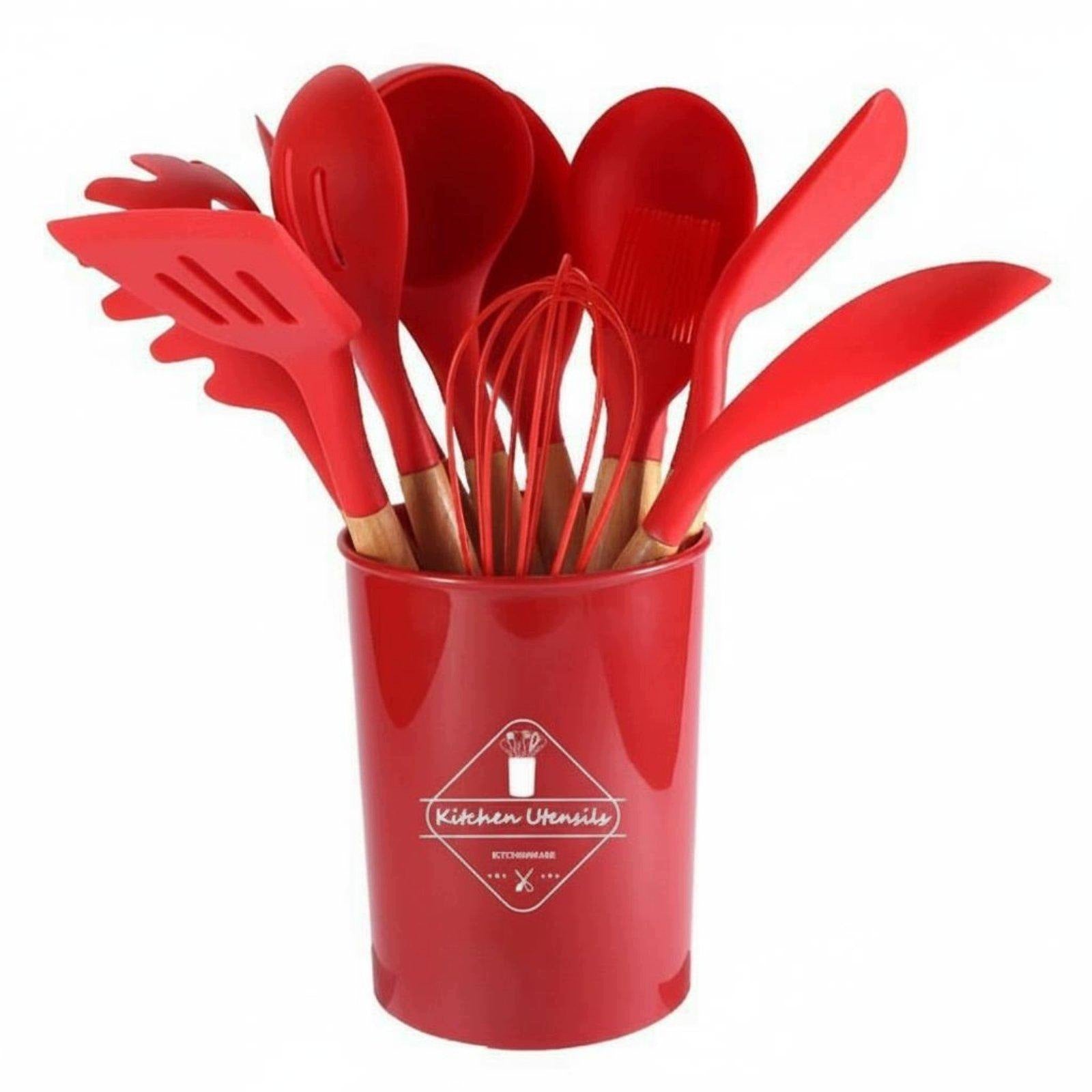 12 Pieces Silicone Utensil Set with Holder High Heat Resistant Silicone Red