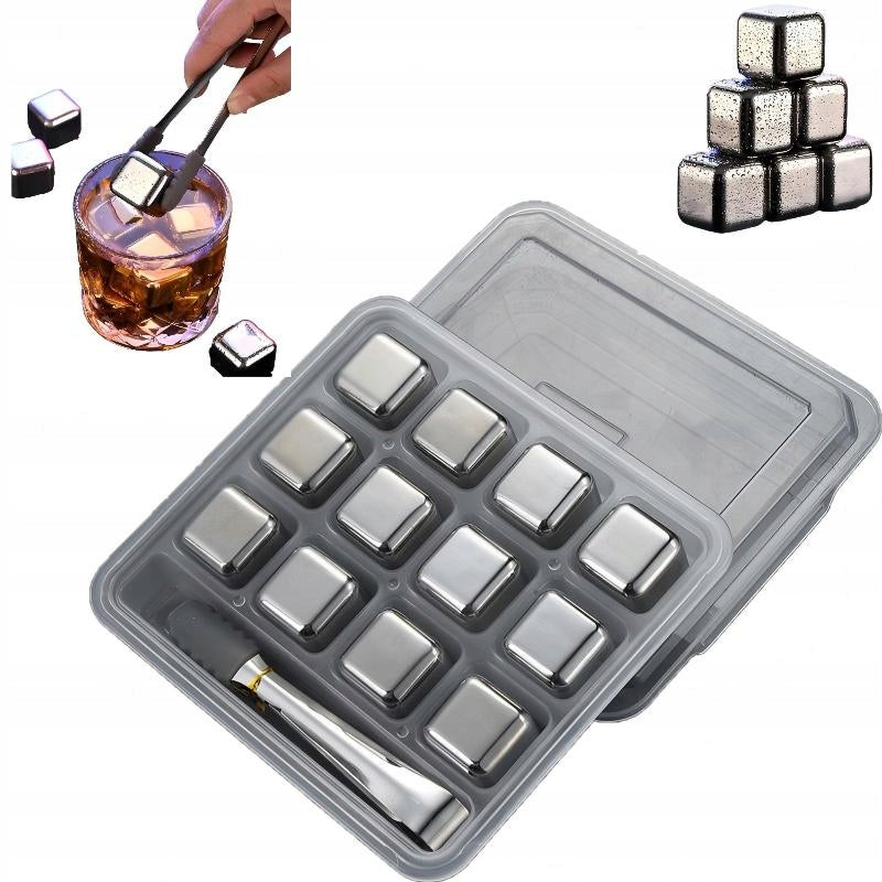 12× Stainless Steel Ice Cubes, Reusable Whiskey Chilling Stones for Drinks