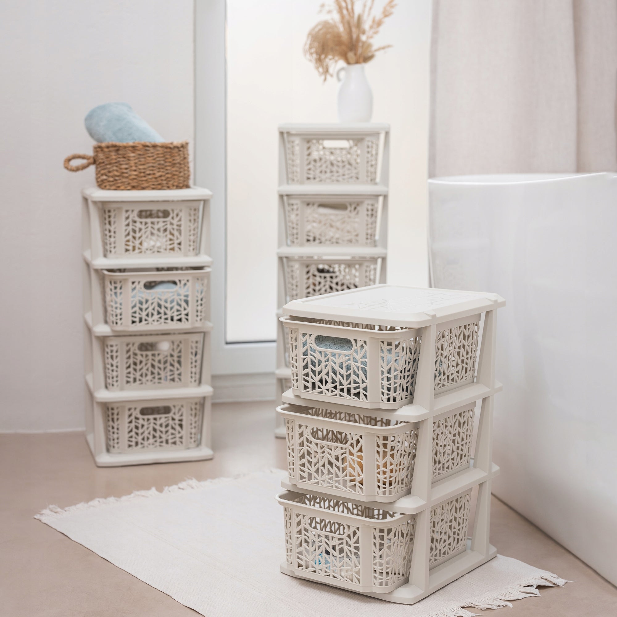 123290 Bookcase with 5 baskets Bamboo antique white BRANQ Furniture color shades of beige