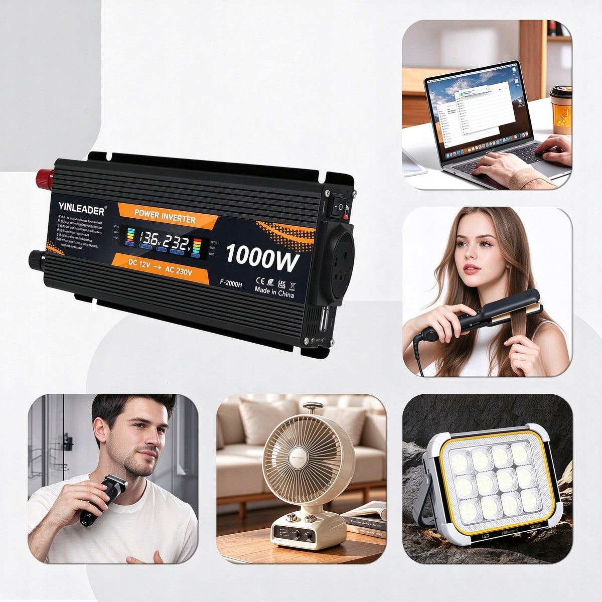 12V 230V CAR VOLTAGE CONVERTER WITH LCD SCREEN 1000W 2000W + 2x USB Effective power 1000 W