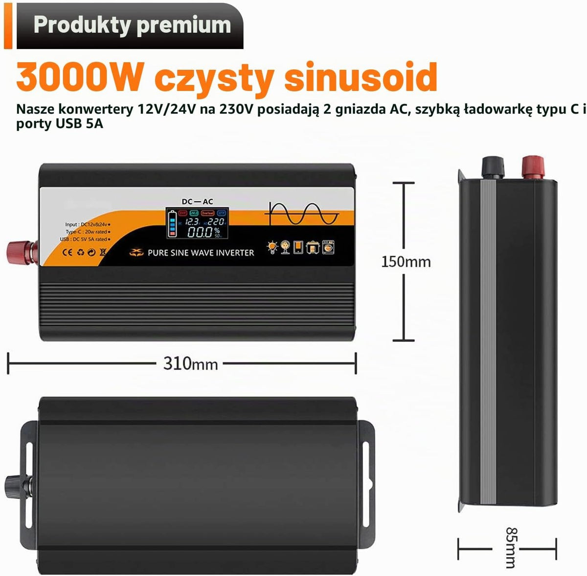 12V/24V TO 230V INVERTER 1300W/3000W PURE SINE LCD USB TYPE C Effective power 3000 W