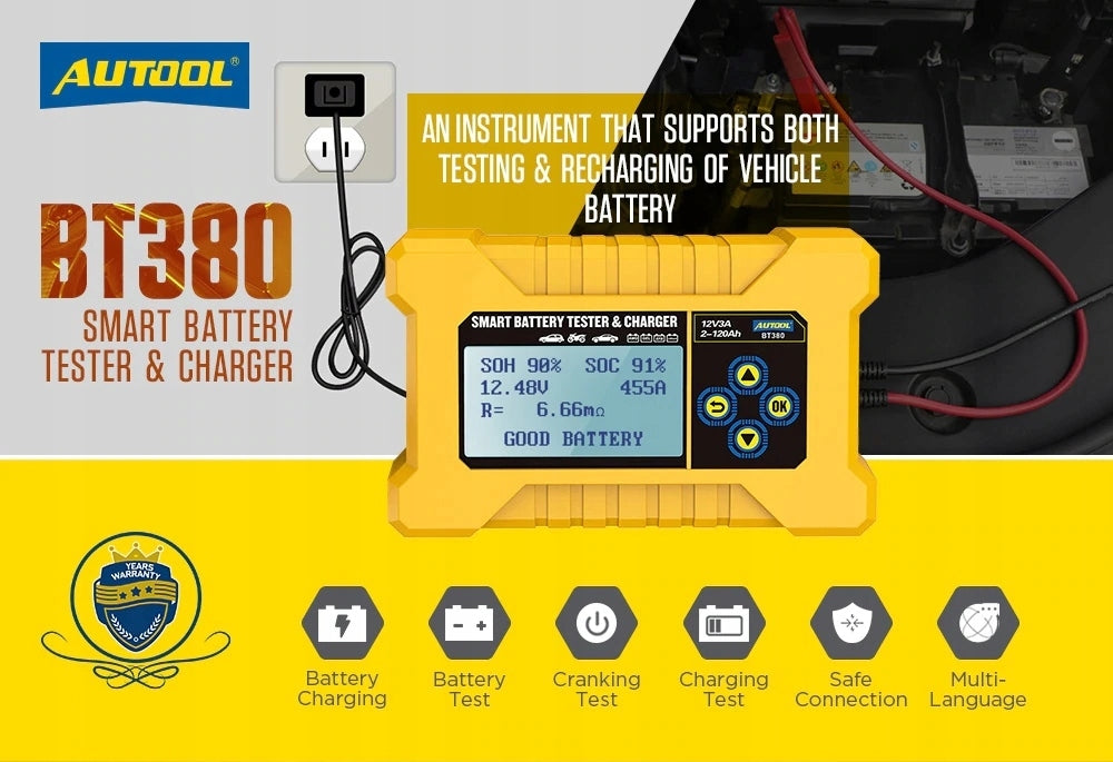 12V BATTERY CHARGER TESTER AND RECTIFIER Autool BT380 2-120Ah Manufacturer code BT380