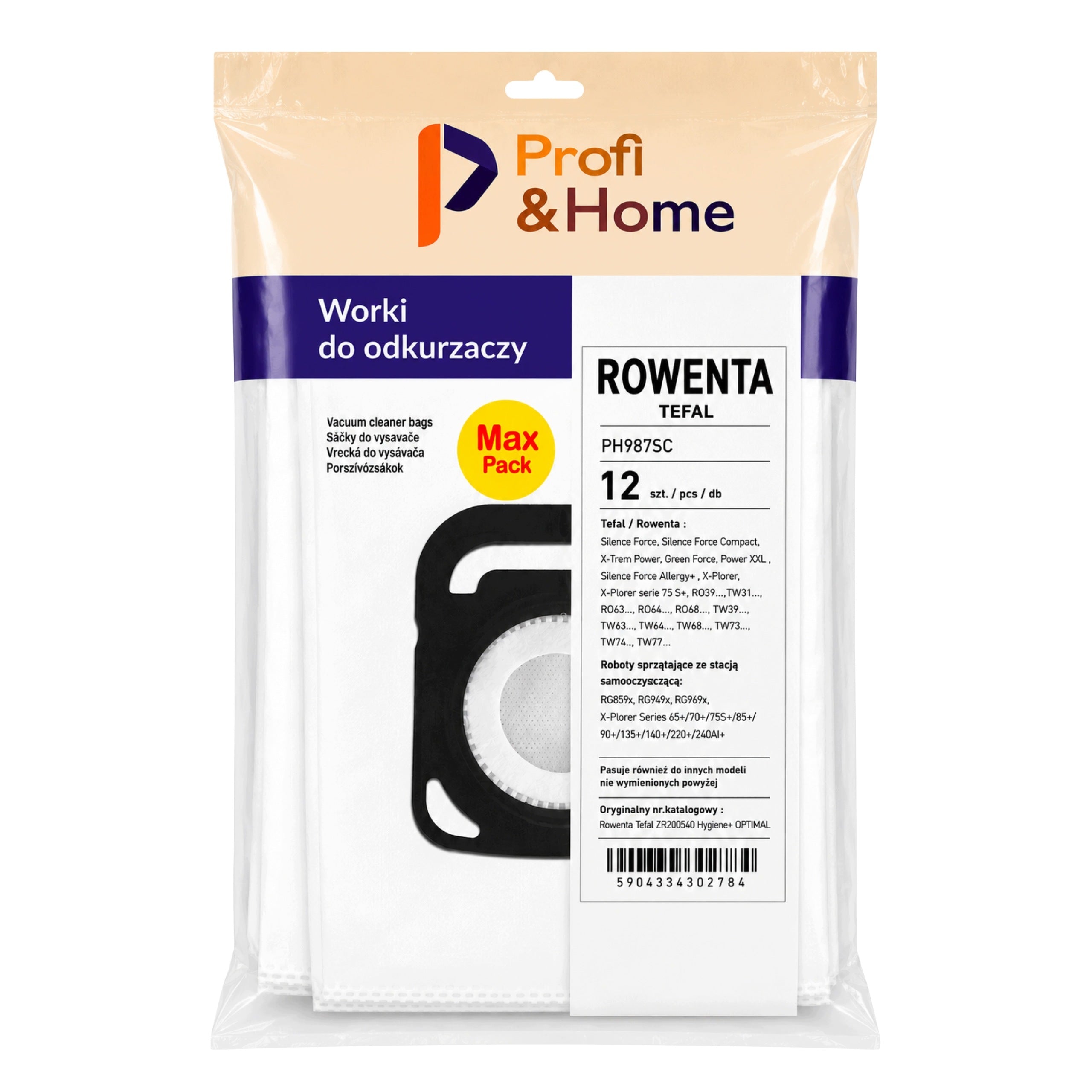 12x Vacuum cleaner bags TEFAL ROWENTA X-Trem Power HYGIENE+ ZR200540 Manufacturer code PH987SC
