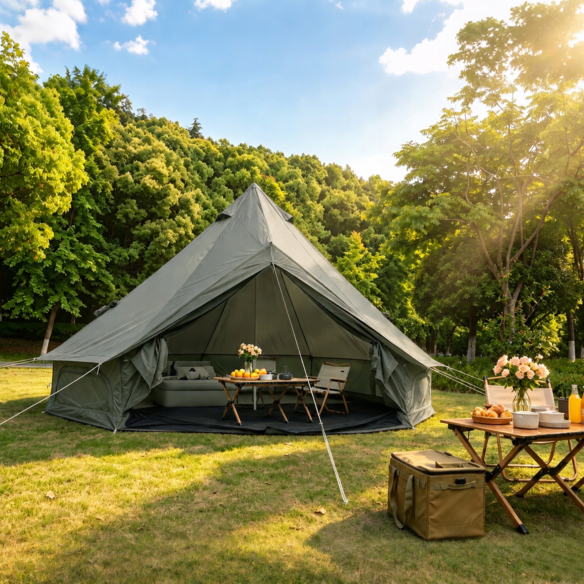 13,1 foot yurt tent with stove and chimney, green and warm tent. Packaging status original