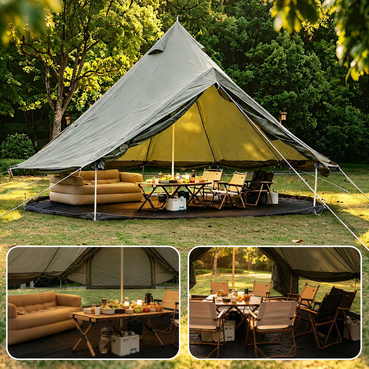 13,1 foot yurt tent with stove and chimney, green and warm tent.