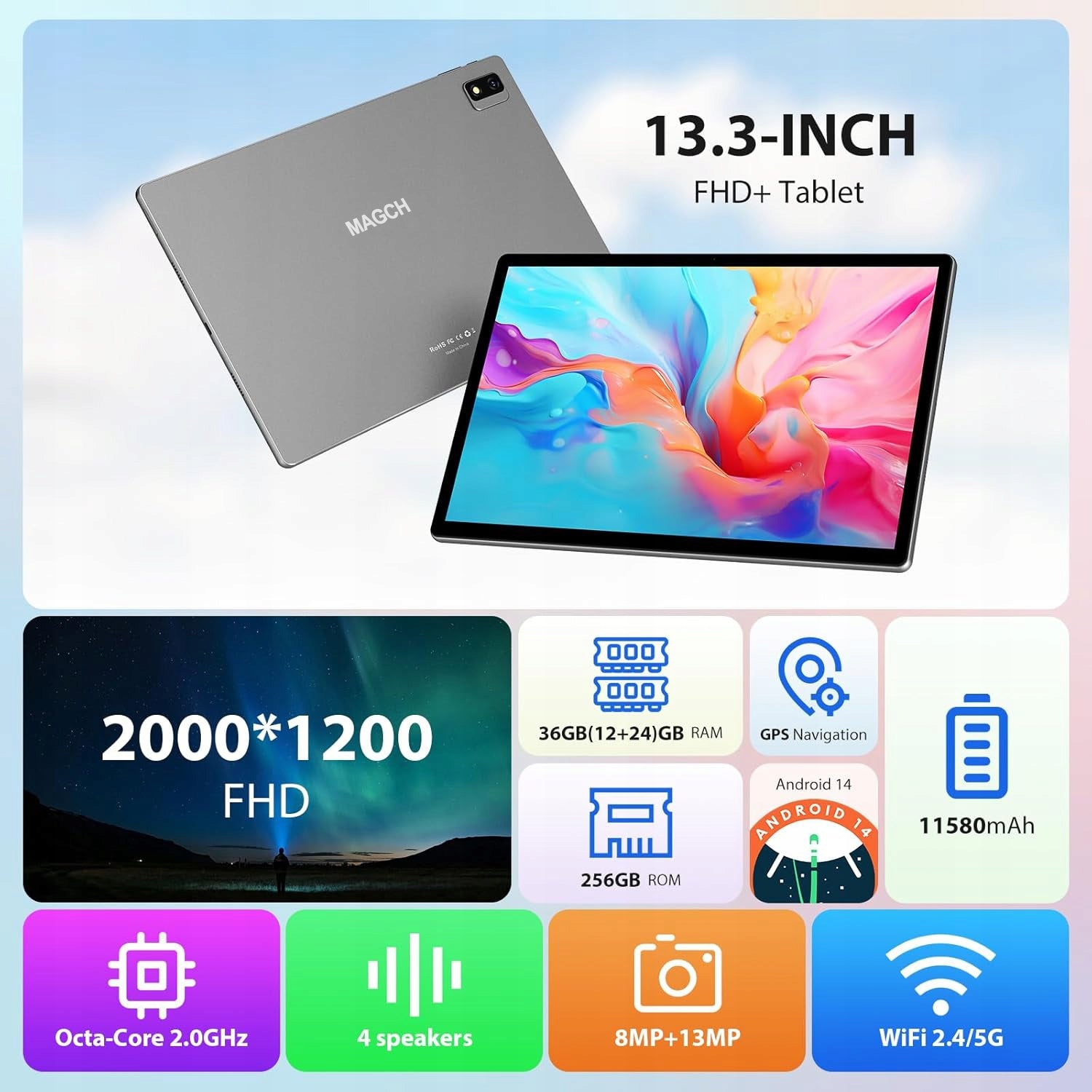 13.3" Tablet, Octa-Core, 36GB RAM + 256GB Storage, Android 14, 5GHz WiFi, 2000x1200 Resolution, 11580 mAh Battery Manufacturer code DM133