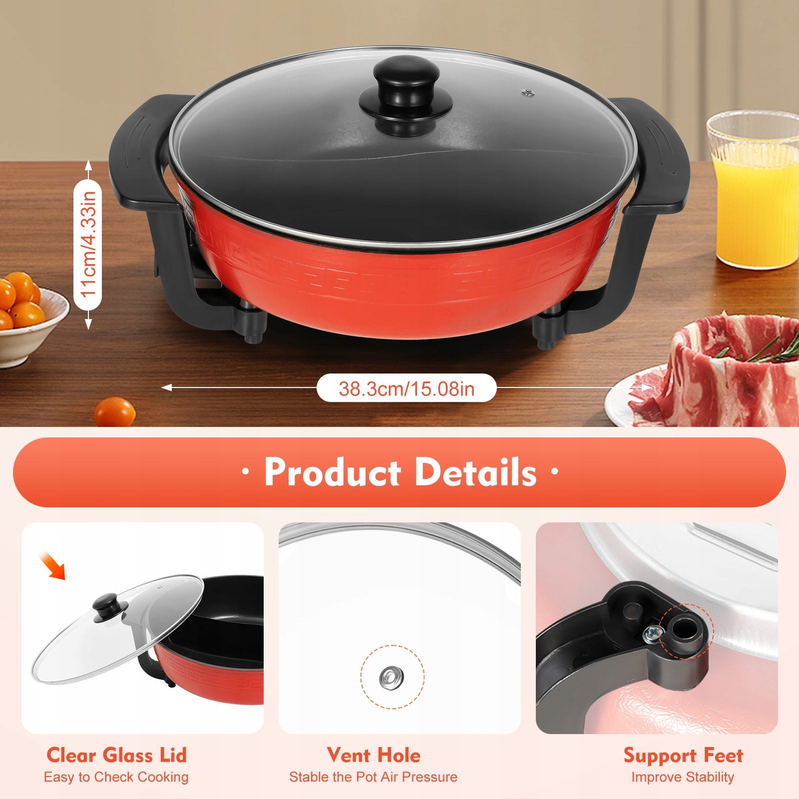 1360W Electric Hot Pot 31CM 6L 5-Temp Levels Family 3-4 People Packaging status original