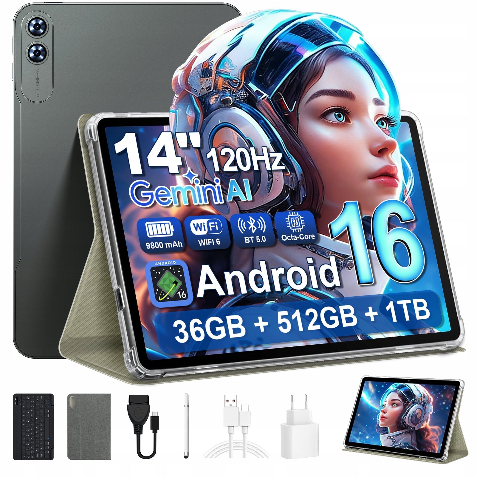 14"TABLET Android16, 4GLTE 36/512GB 9800 mAh WIFI+GPS+SIM+Stylus+keyboard