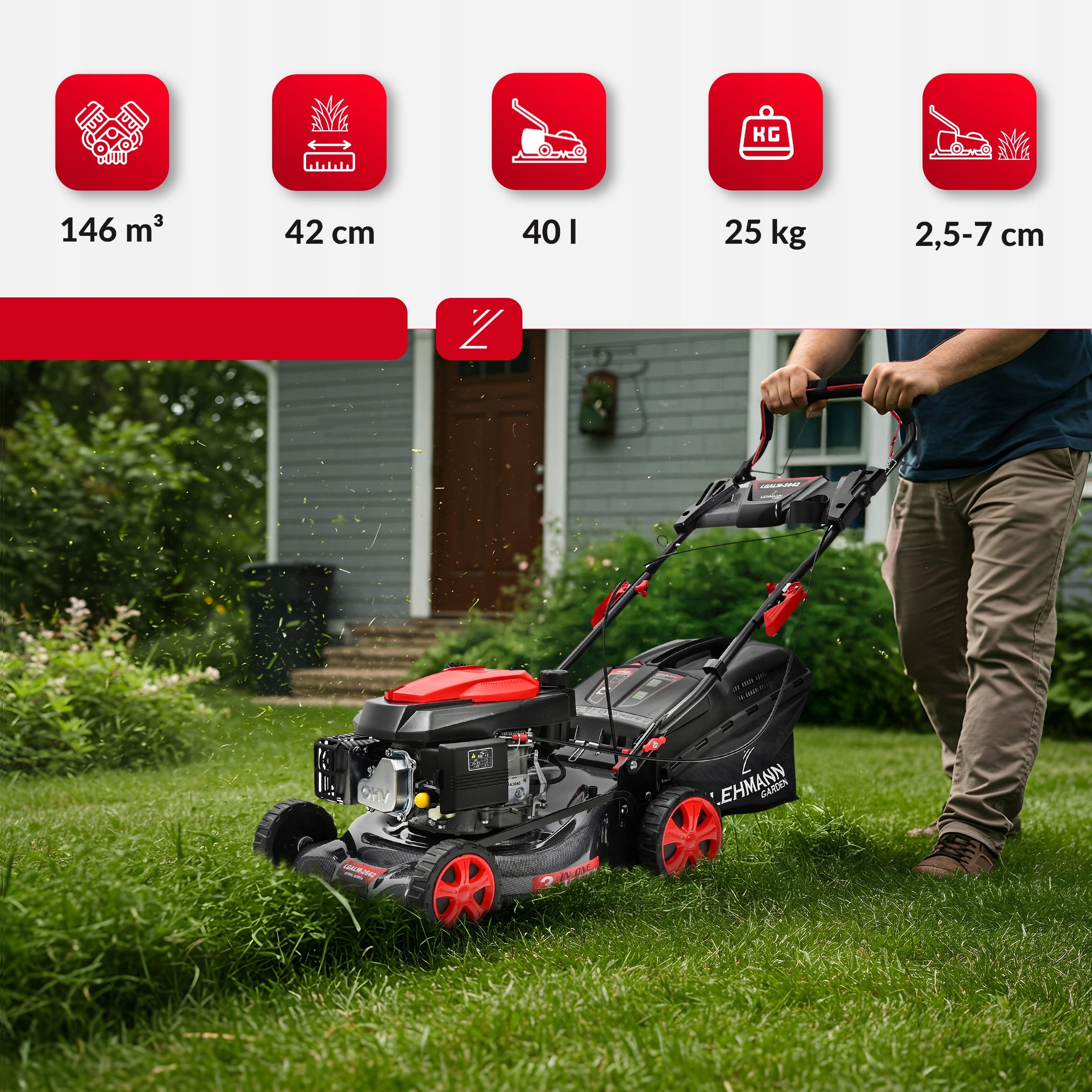 146CC DRIVEN PETROL LAWN MOWER LIGHT STRONG MANEUVERABLE 44CM + OIL Model Lehmann Pro 2642