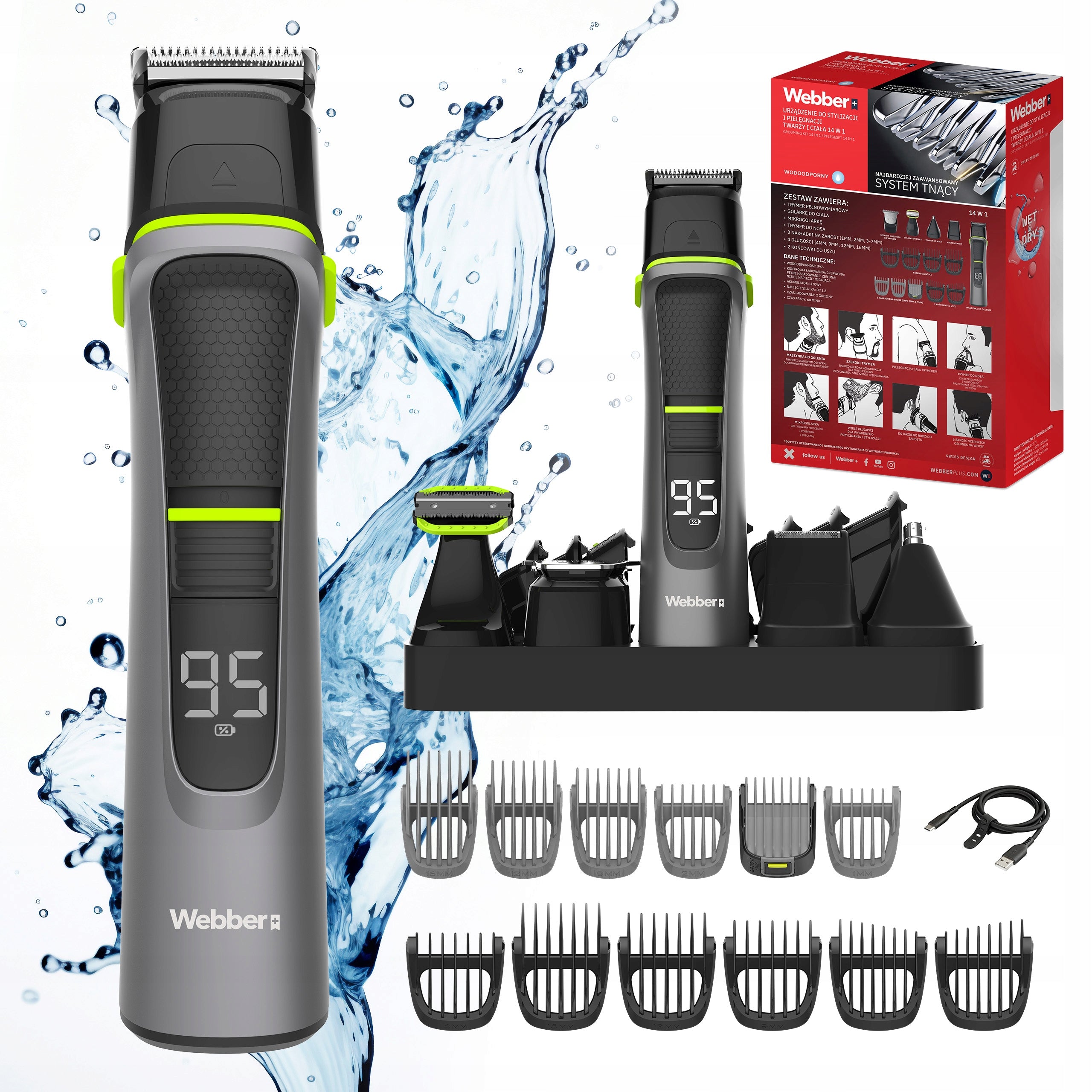 14in1 Men's Trimmer Webber – Shaver + Beard + Hair + Nose Wet&Dry Set PRO