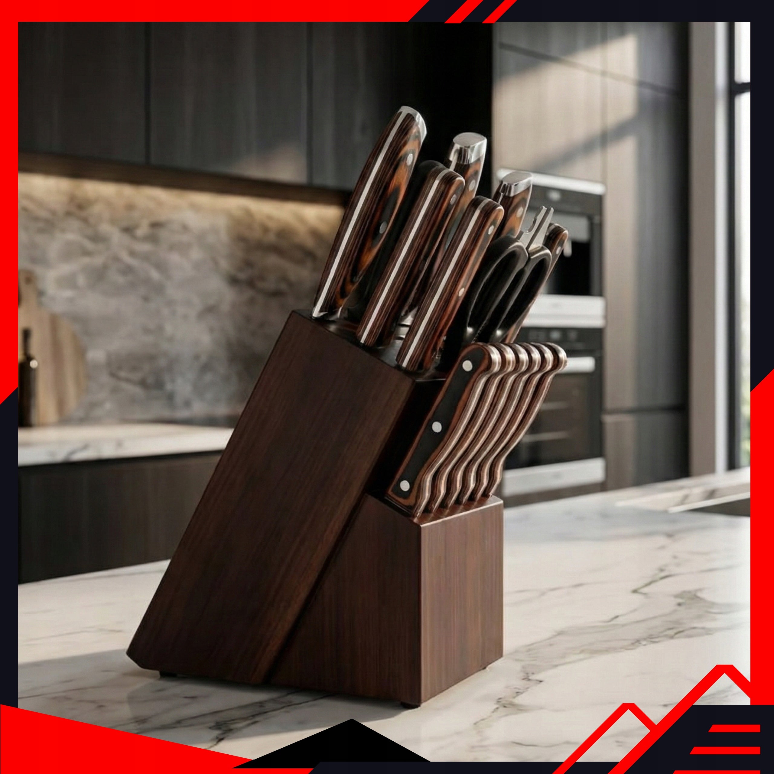 15 El. Japanese Style Kitchen Knife Set in Elegant Brown Block Packaging status original
