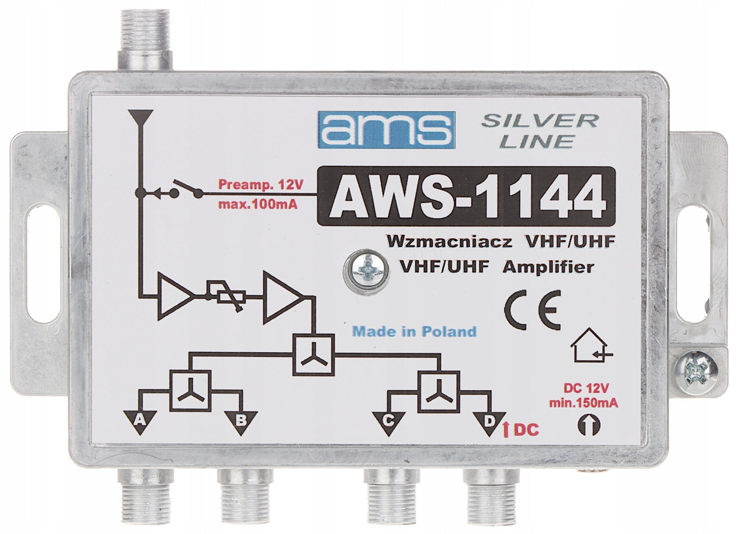 15dB ANTENNA AMPLIFIER SPLITTER FOR 4 AWS TVS Manufacturer code ROZGAŁĘŹNIK DLA 4 TELEWIZORÓW AMS