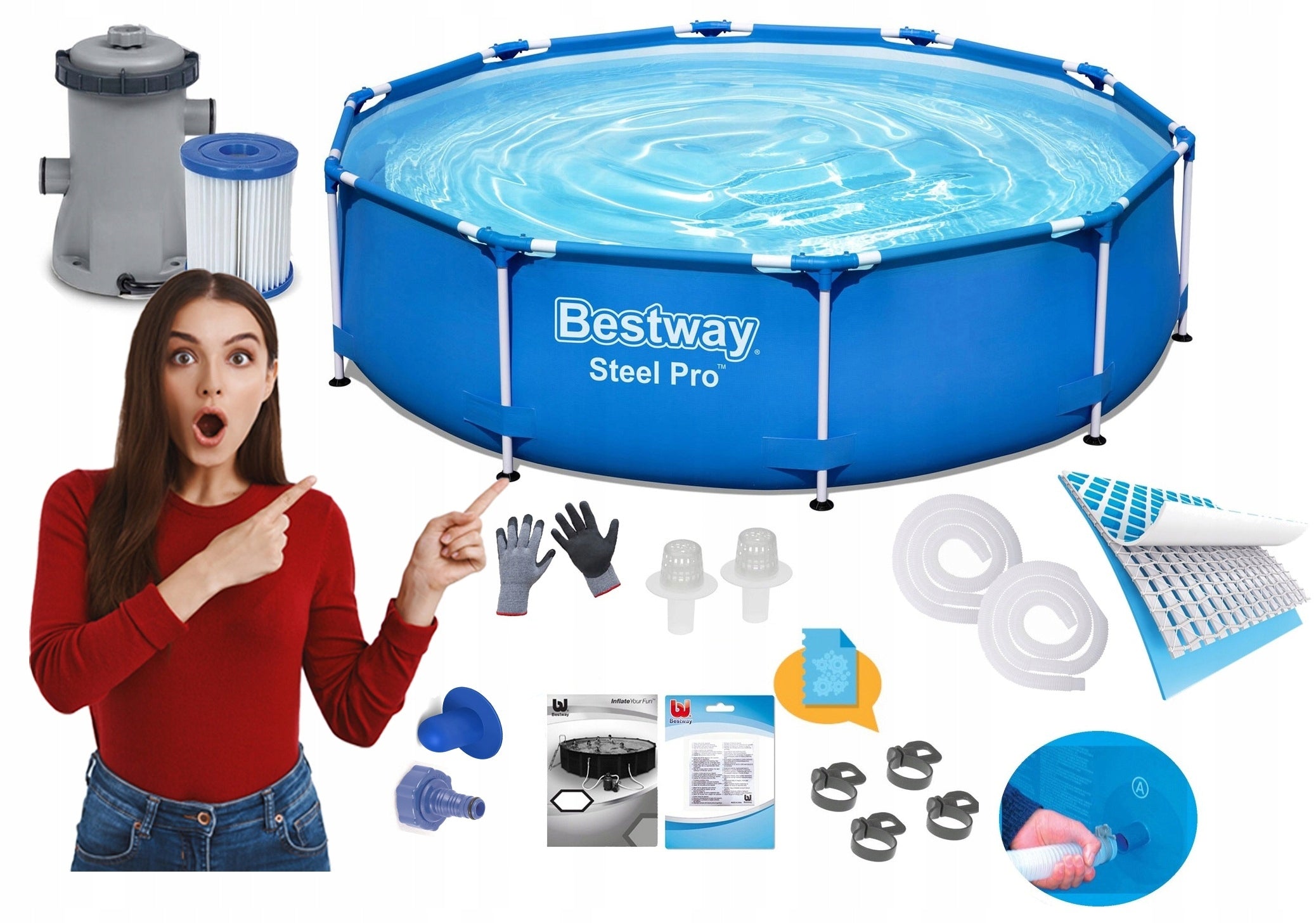 17in1 GARDEN RACK POOL WITH PUMP 305x76cm Bestway SET MODEL 2026 Manufacturer code BASEN BESTWAY 305 x 76 CM ZESTAW steel 17w1