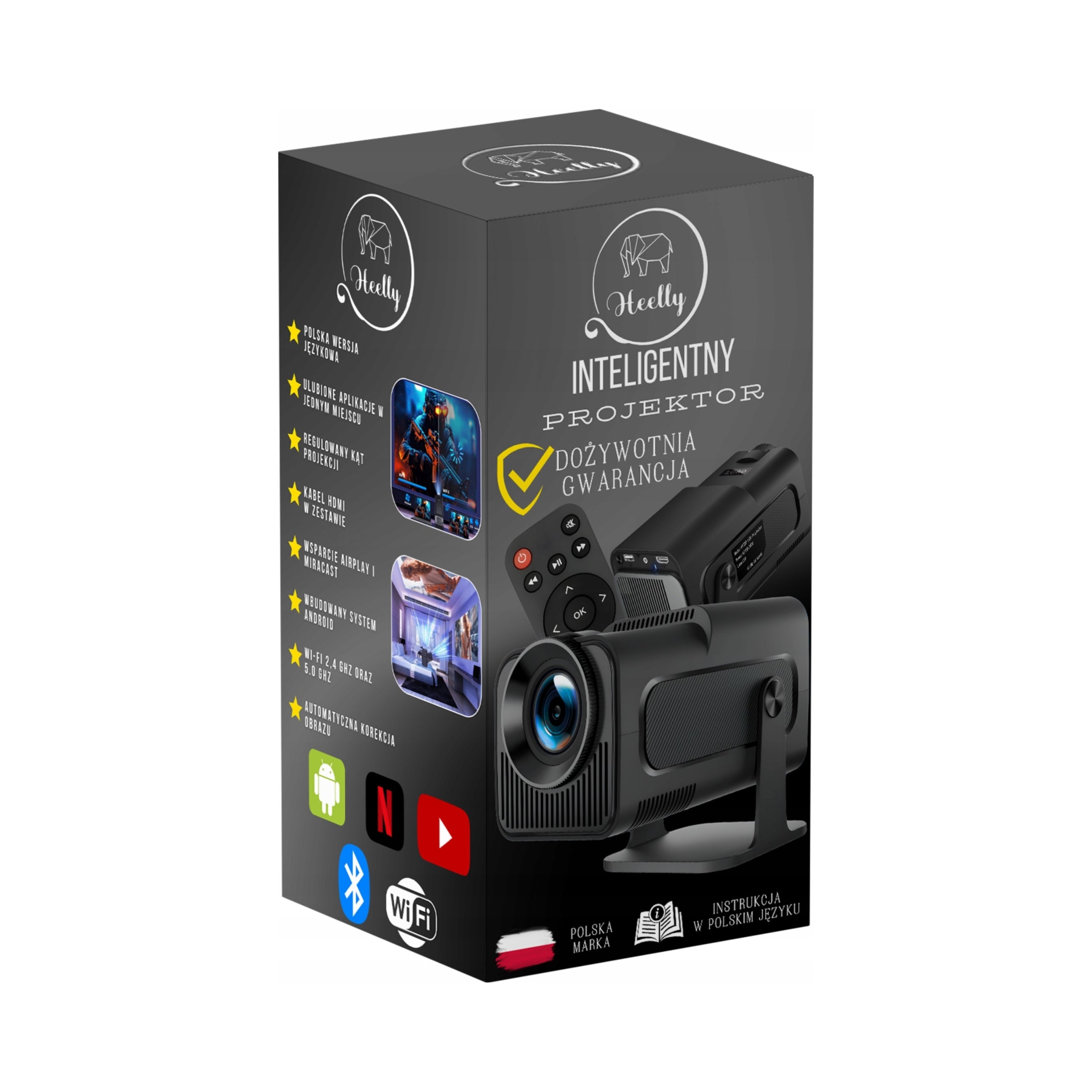 180° 4K Rotary LED Projector Android TV WiFi black HY320 Heelly
