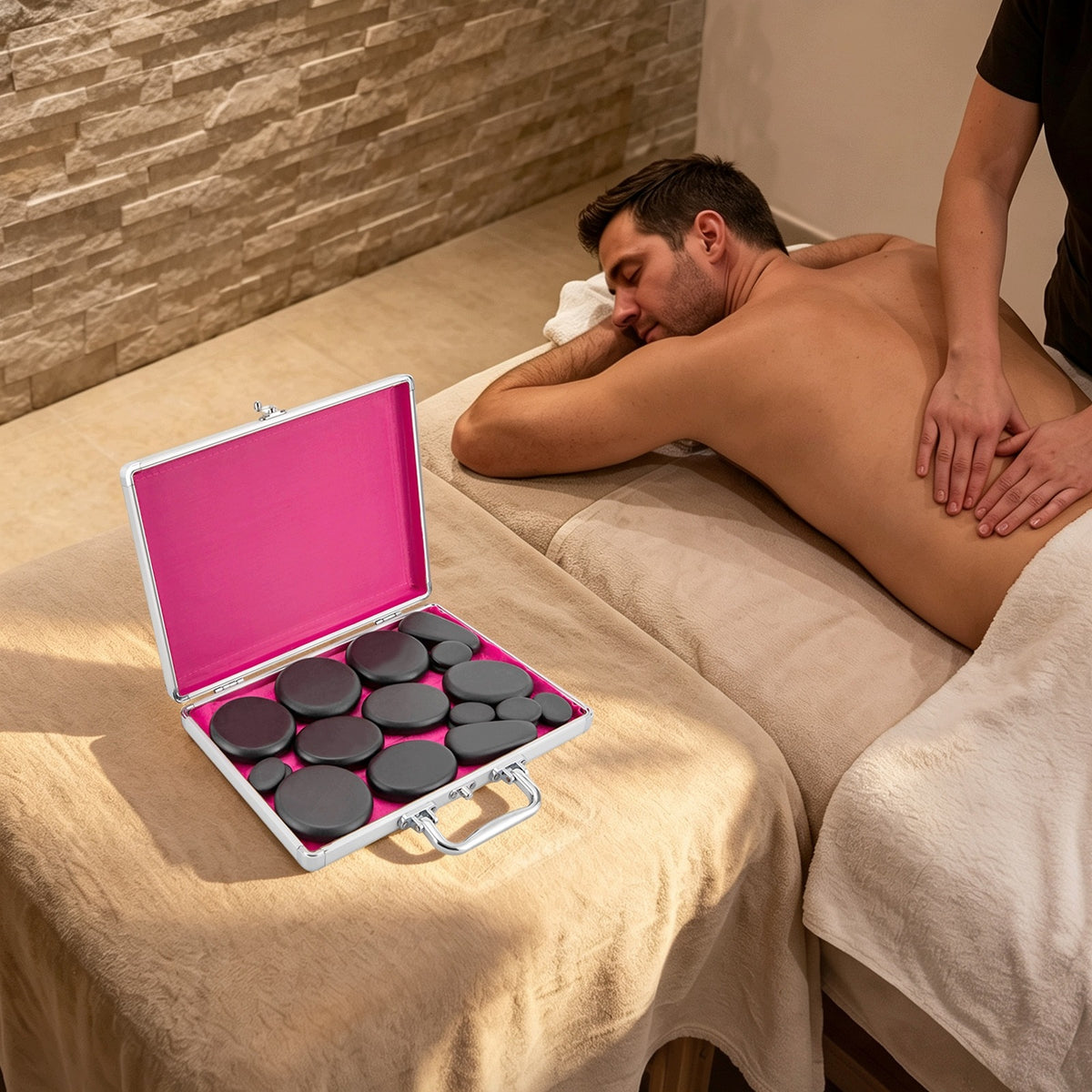 18PCS HOT STONES MASSAGE SET WITH HEATING BOX VOLCANIC ROCK FOR SPA Packaging status original