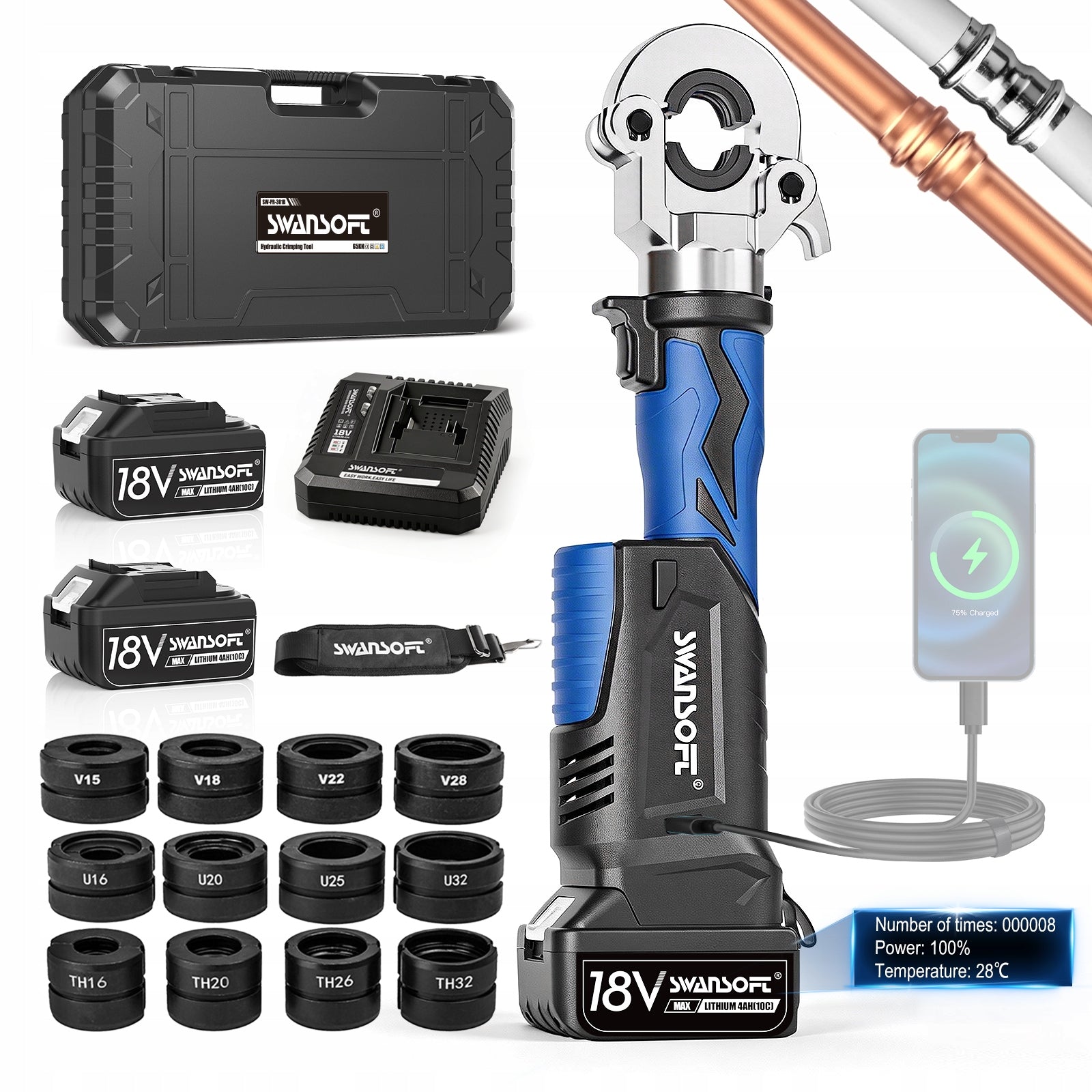 18V Electric Cordless Pipe Press Tool V/U/TH Dies for Copper&Steel