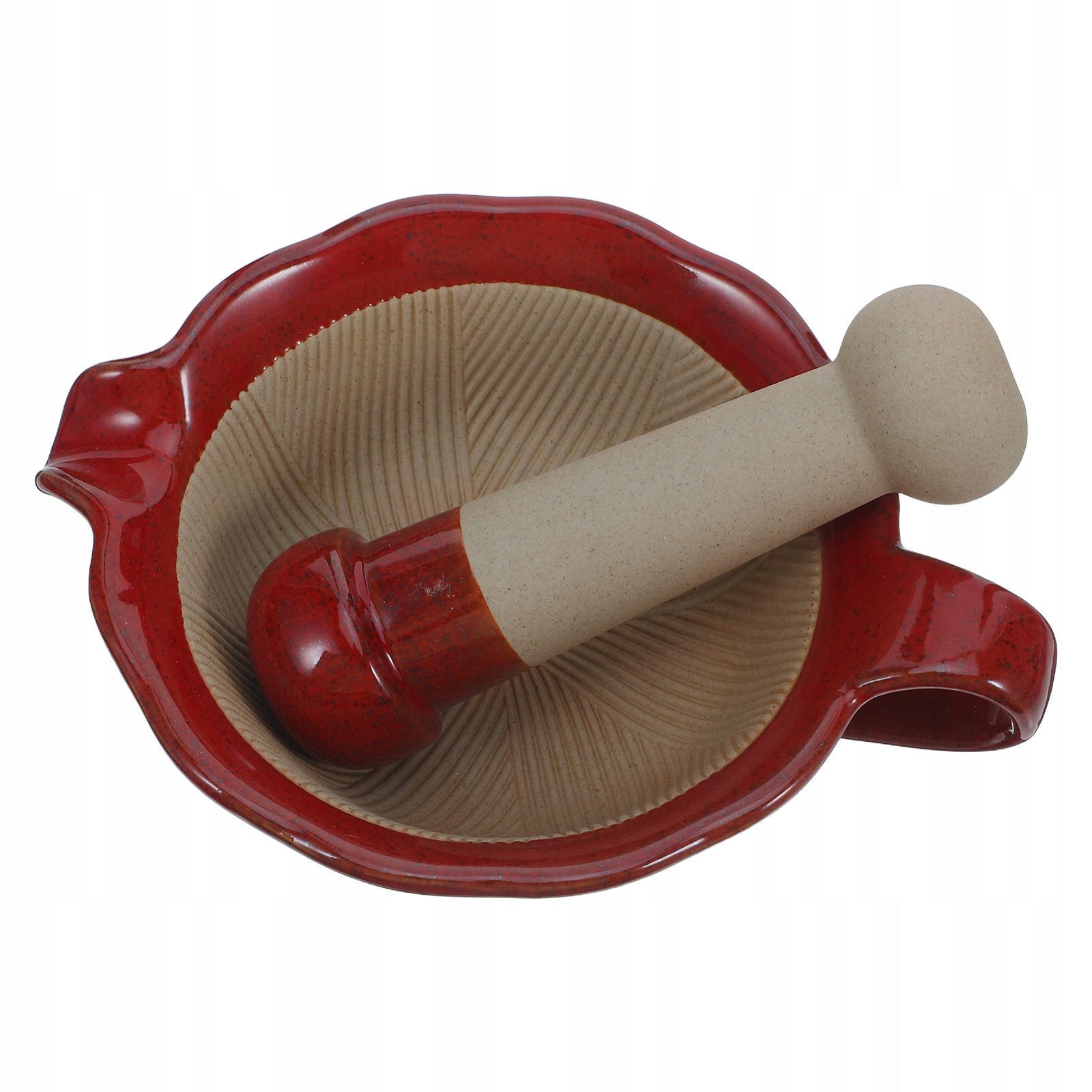 1SET HANDHELD RED CERAMIC MORTAR AND PESTLE FOR FOOD GRINDING