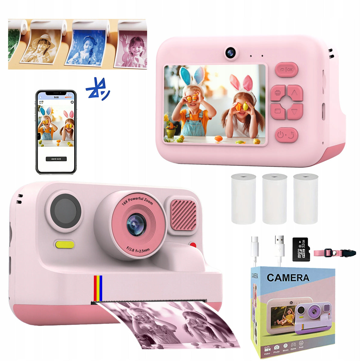 2.4" K12Pro Kids Camera with Instant Printer, Bluetooth, 48MP, 1080P
