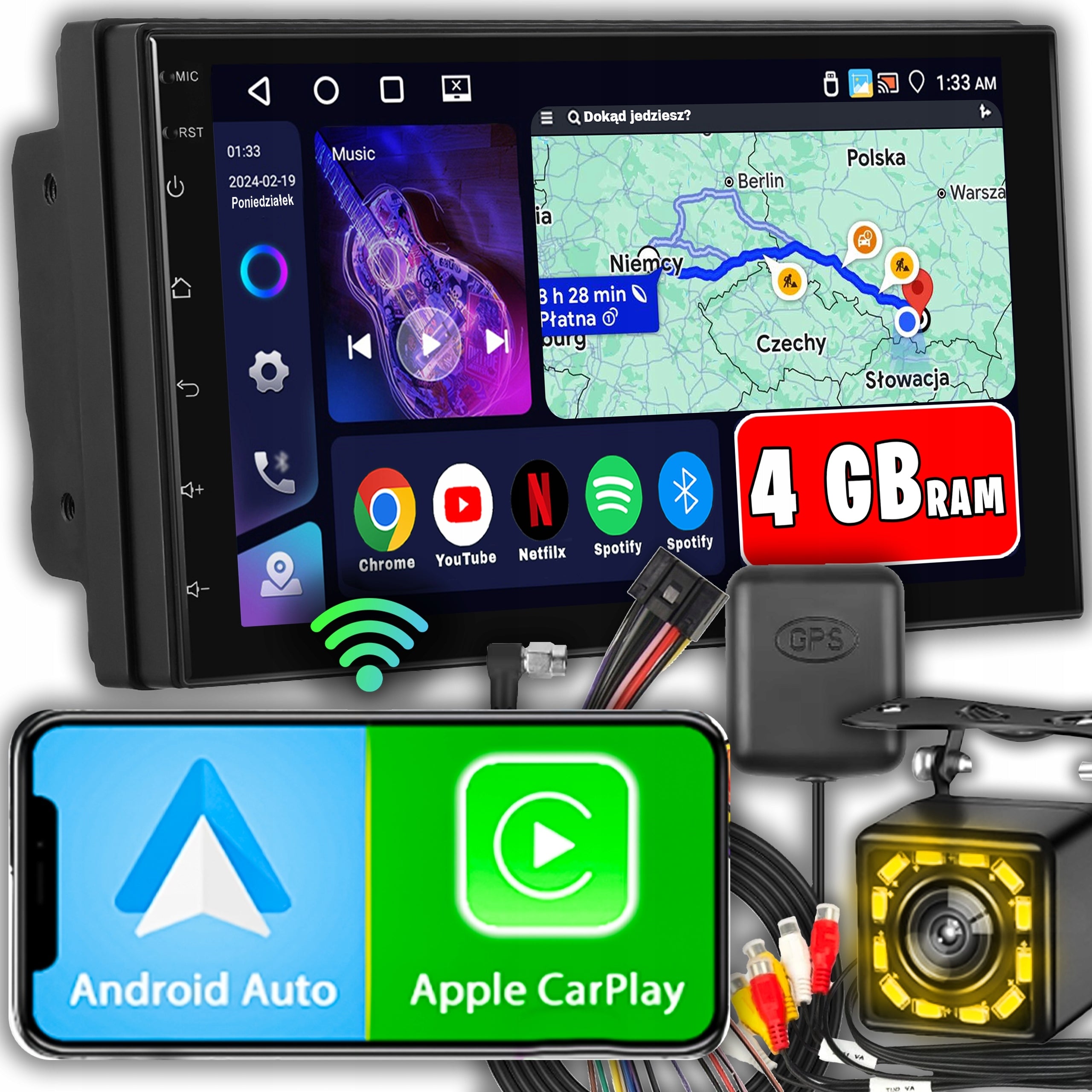 2 DIN Car Radio GPS Navigation WiFi Bluetooth RDS CarPlay Android Auto 4GB 64GB + Camera