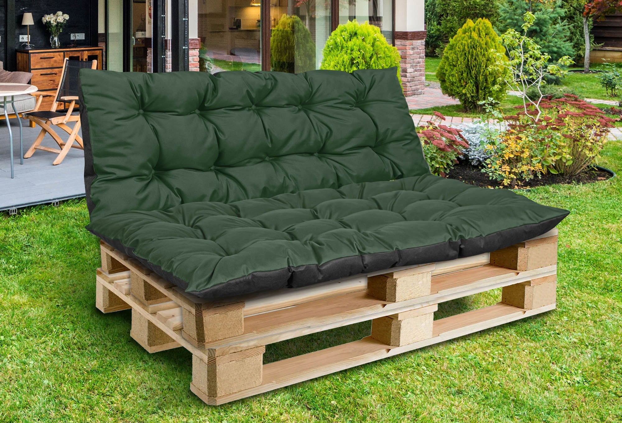 2 Garden Cushions 120x80x40 for Bench Pallet Swing Waterproof Green Pillow length 120 cm